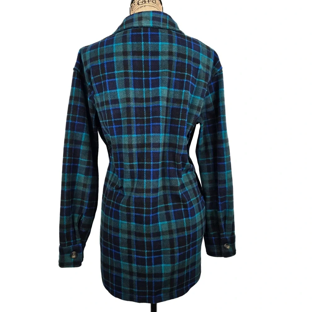Eddie Bauer‎ Womens Microfleece Button Up Shirt Plaid Teal Navy Blue Medium M